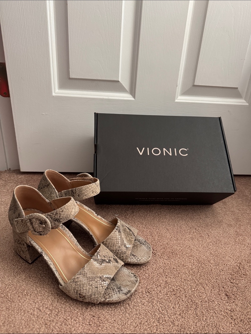 Vionic Taupe Snake-Print Block Heel Sandals with Ankle Strap